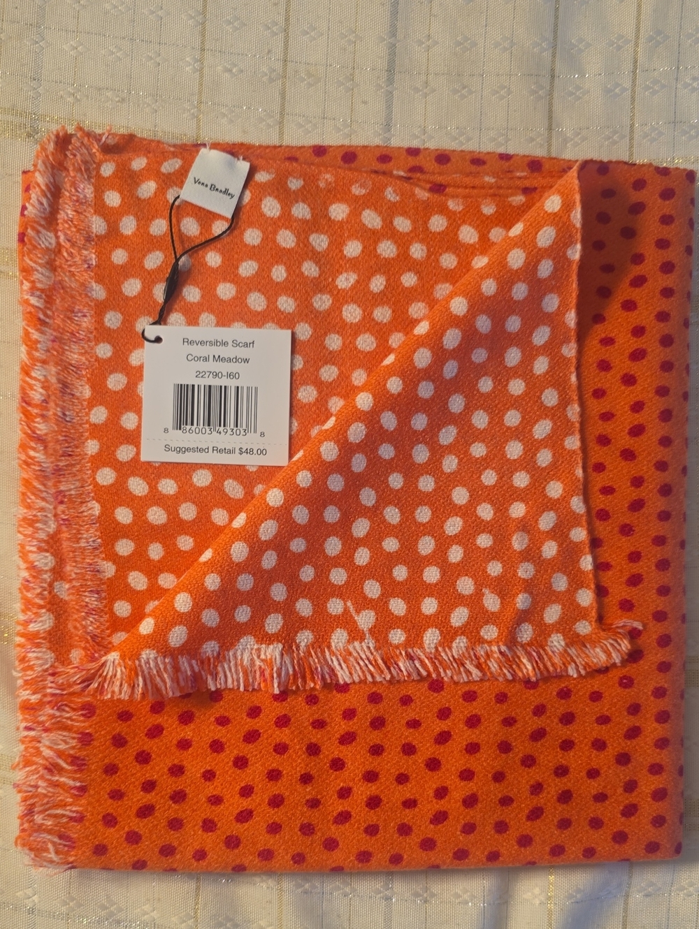 Vera Bradley Coral Meadow Reversible Scarf, Orange Polka Dot - Picture 2 of 5